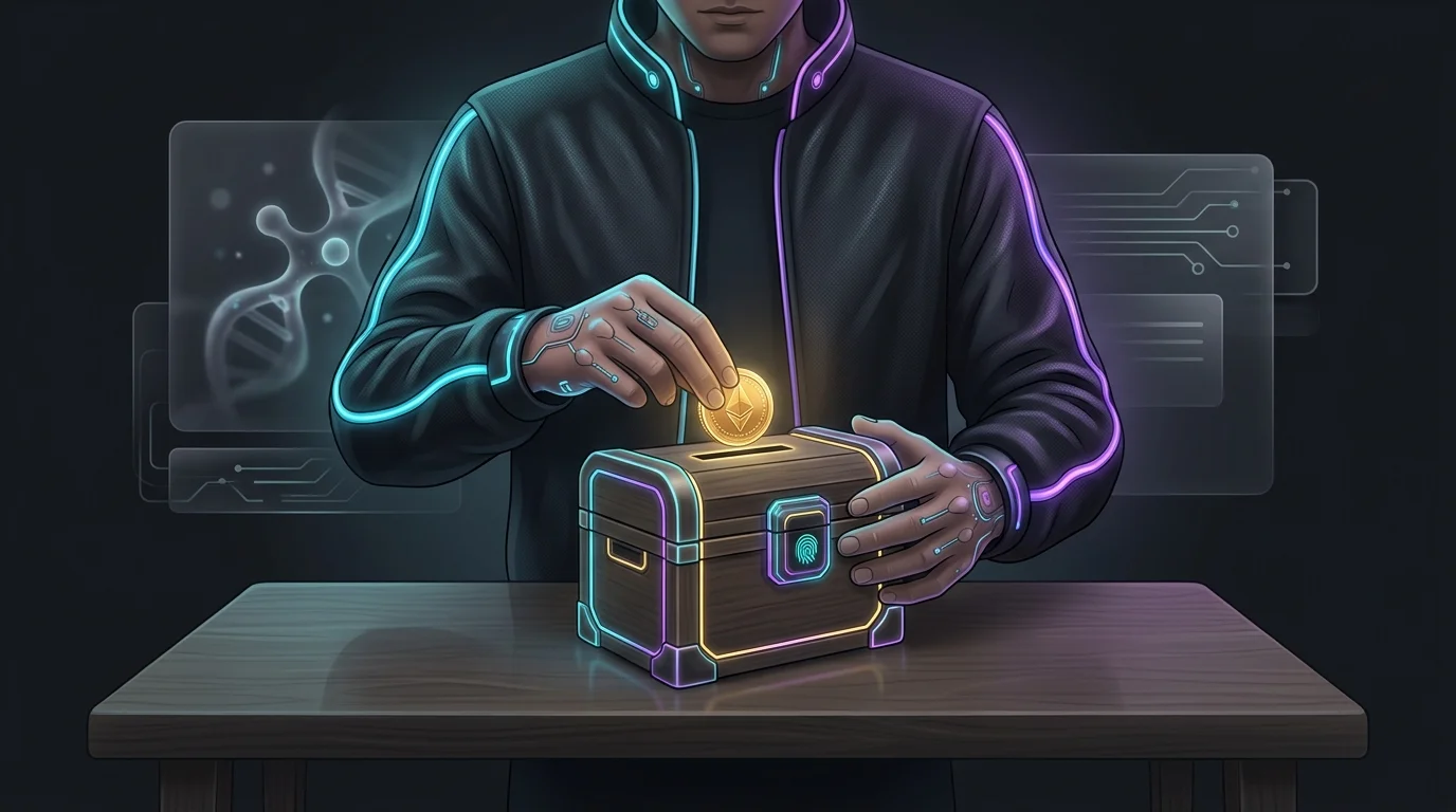 Person placing a gold coin into a wooden lockbox to represent planning for funeral insurance costs.