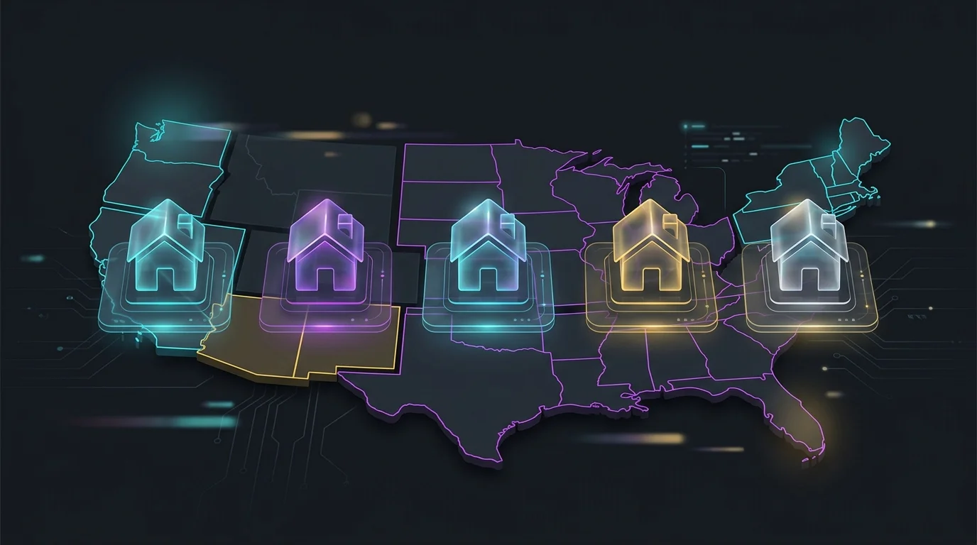 Five house icons placed across a U.S. map representing nationwide landlord insurance coverage.