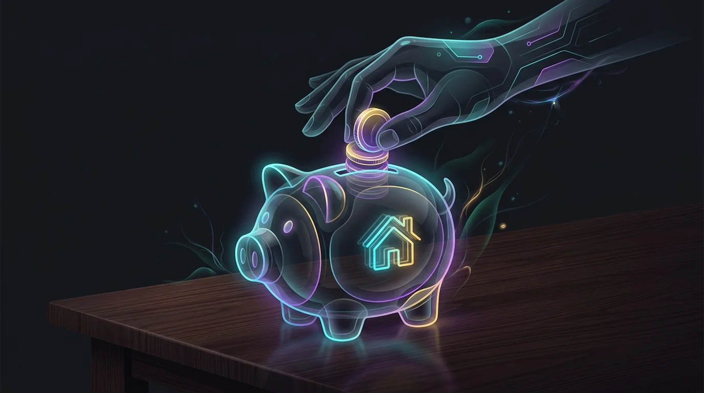 Hand placing coins into a house-labeled piggy bank to represent saving on landlord insurance premiums.