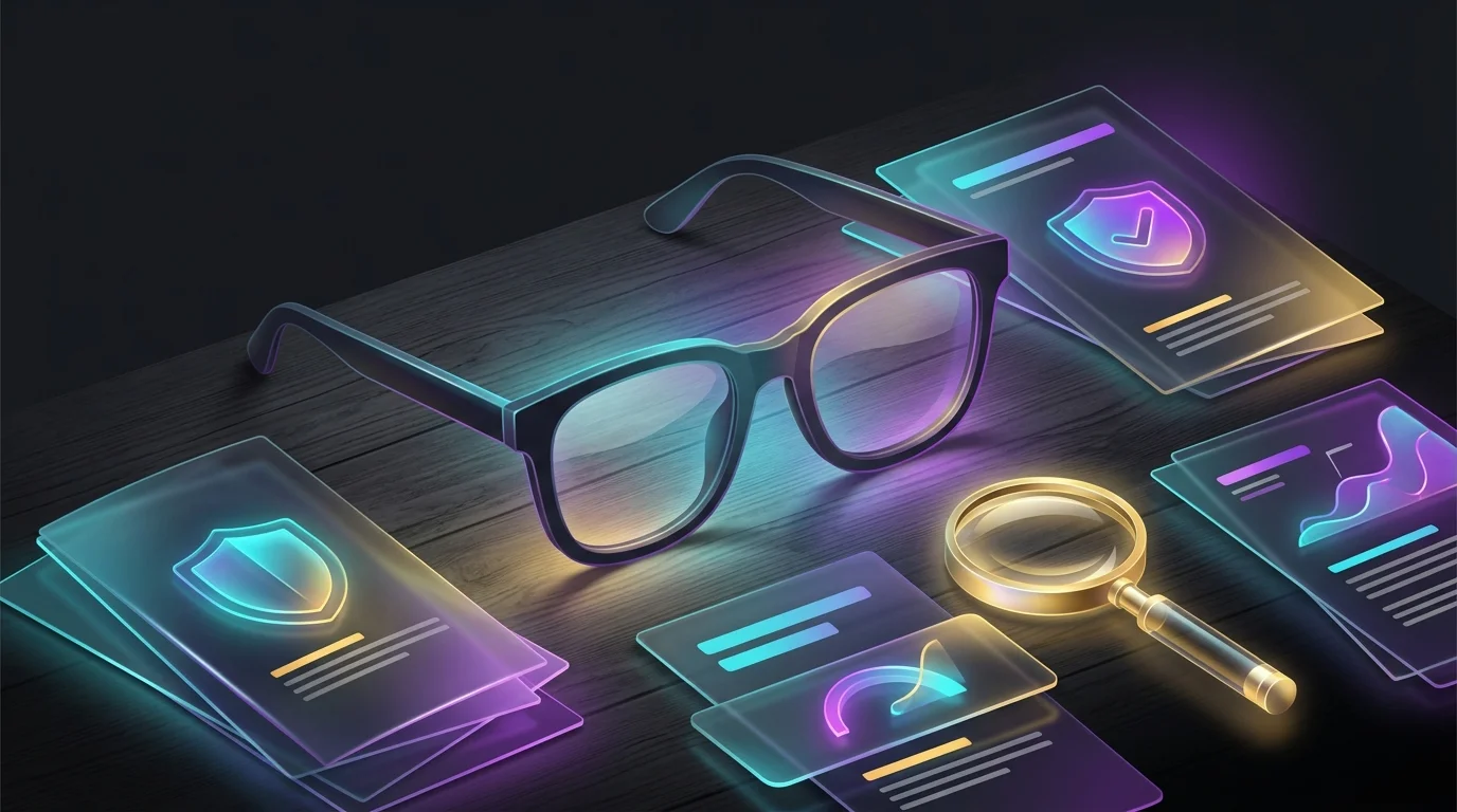 Pair of glasses on a desk with brochures and a magnifying glass for comparing top vision insurance providers.