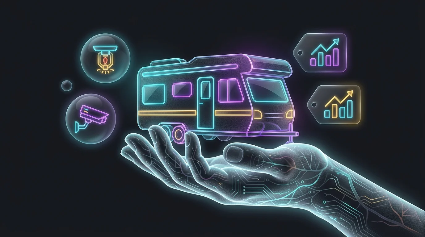 Hand holding a mobile home model surrounded by icons representing mobile home insurance discounts and safety features.