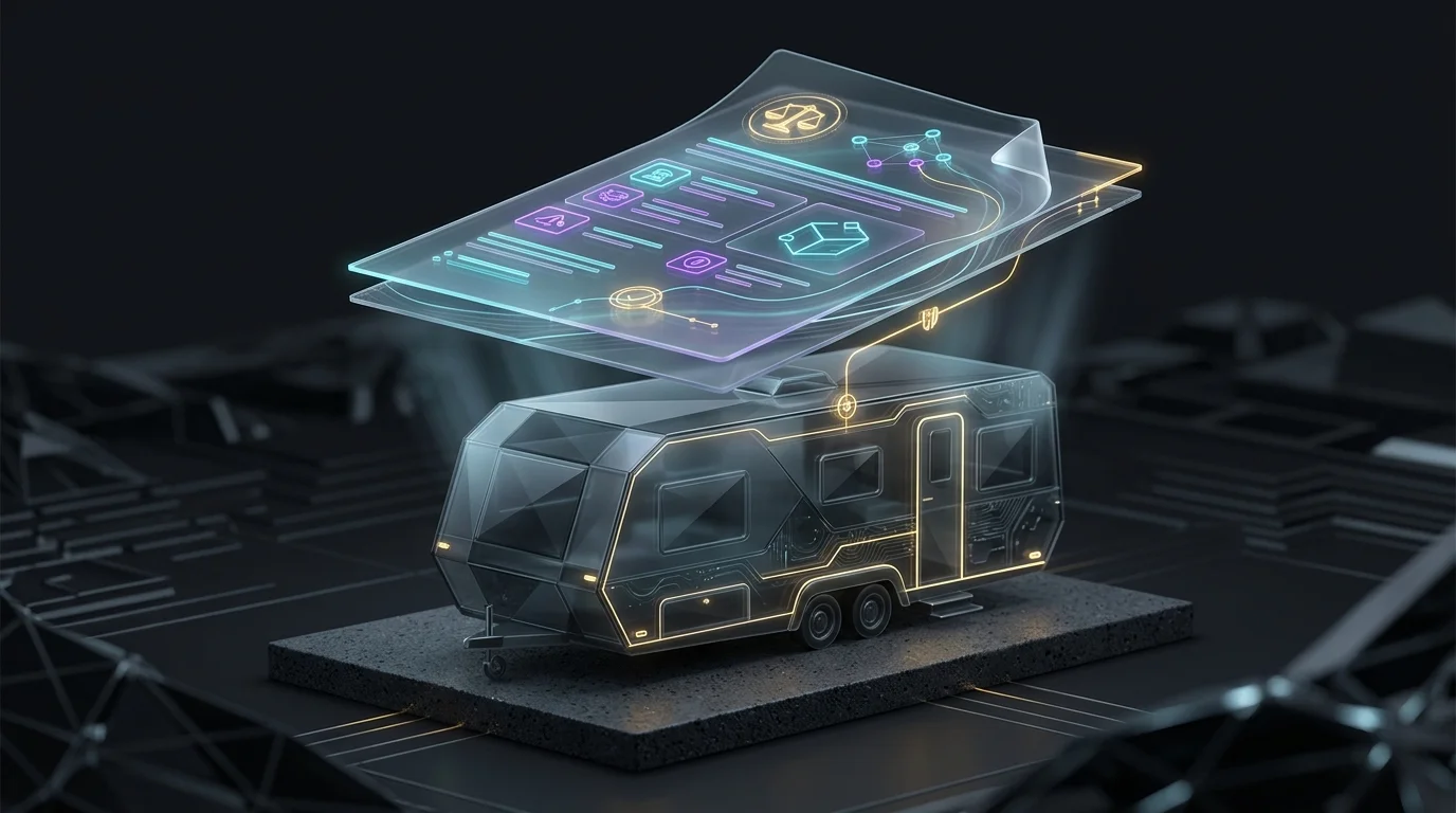 Mobile home on a concrete pad with a transparent insurance policy highlighting unique dwelling coverage requirements.