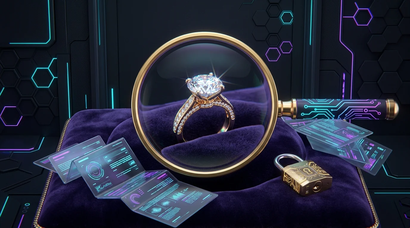 Magnifying glass over a diamond ring and insurance documents to represent top jewelry insurance providers.