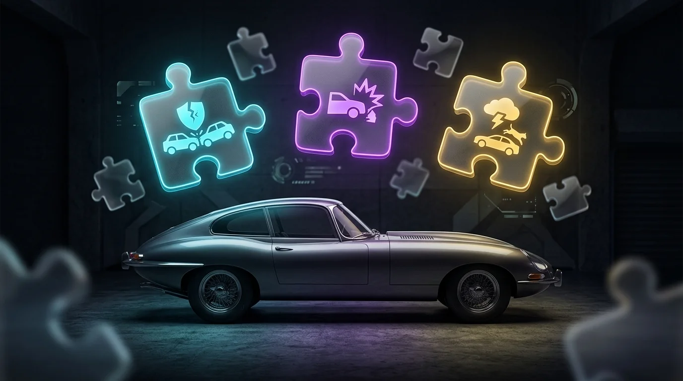 Classic car inside a garage with floating puzzle pieces representing liability and collision insurance coverage.