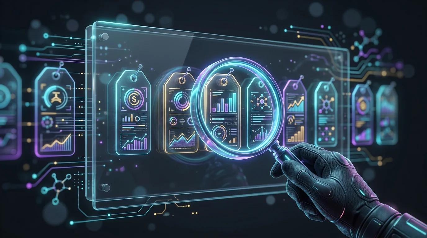 Magnifying glass examining detailed annuity provider fee and rate data on a glass board.