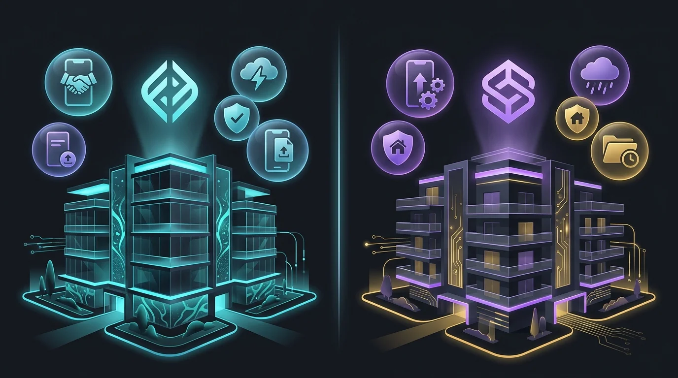 Modern apartment buildings with insurance app icons and weather alerts for top investment property insurance companies.