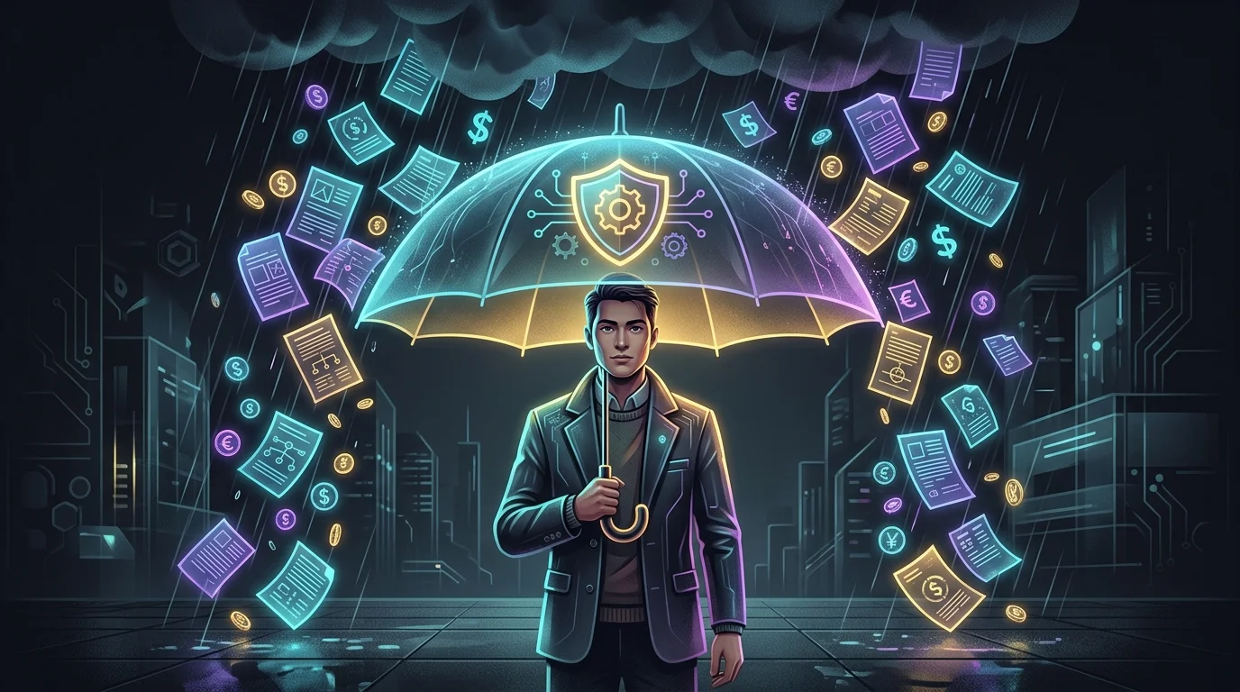 Small business owner protected by business interruption insurance umbrella during a financial storm.