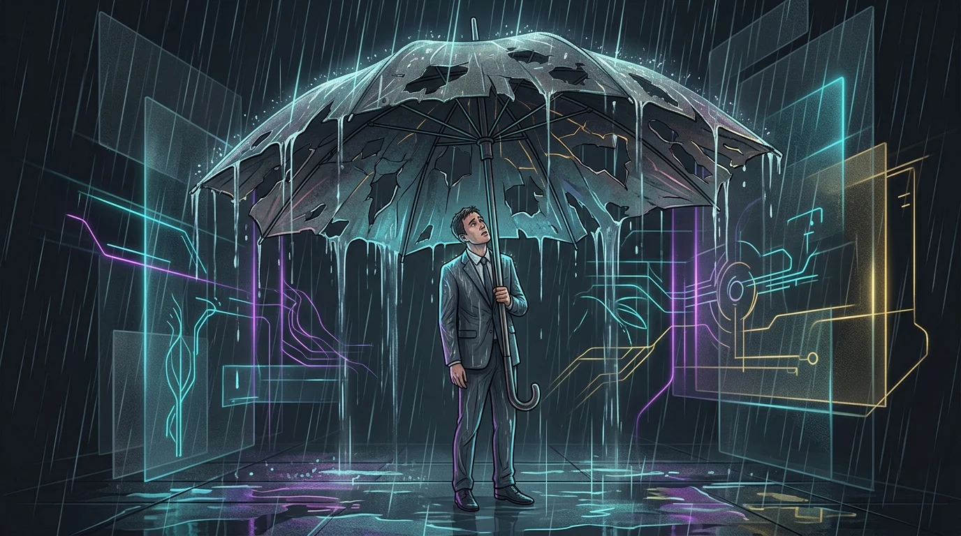 Person in a suit standing under a crumbling umbrella, illustrating the risks of inadequate errors and omissions insurance.