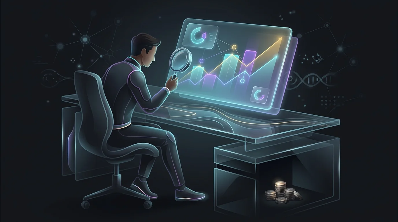Person using a magnifying glass to inspect a digital financial chart for errors in an AI planning tool.