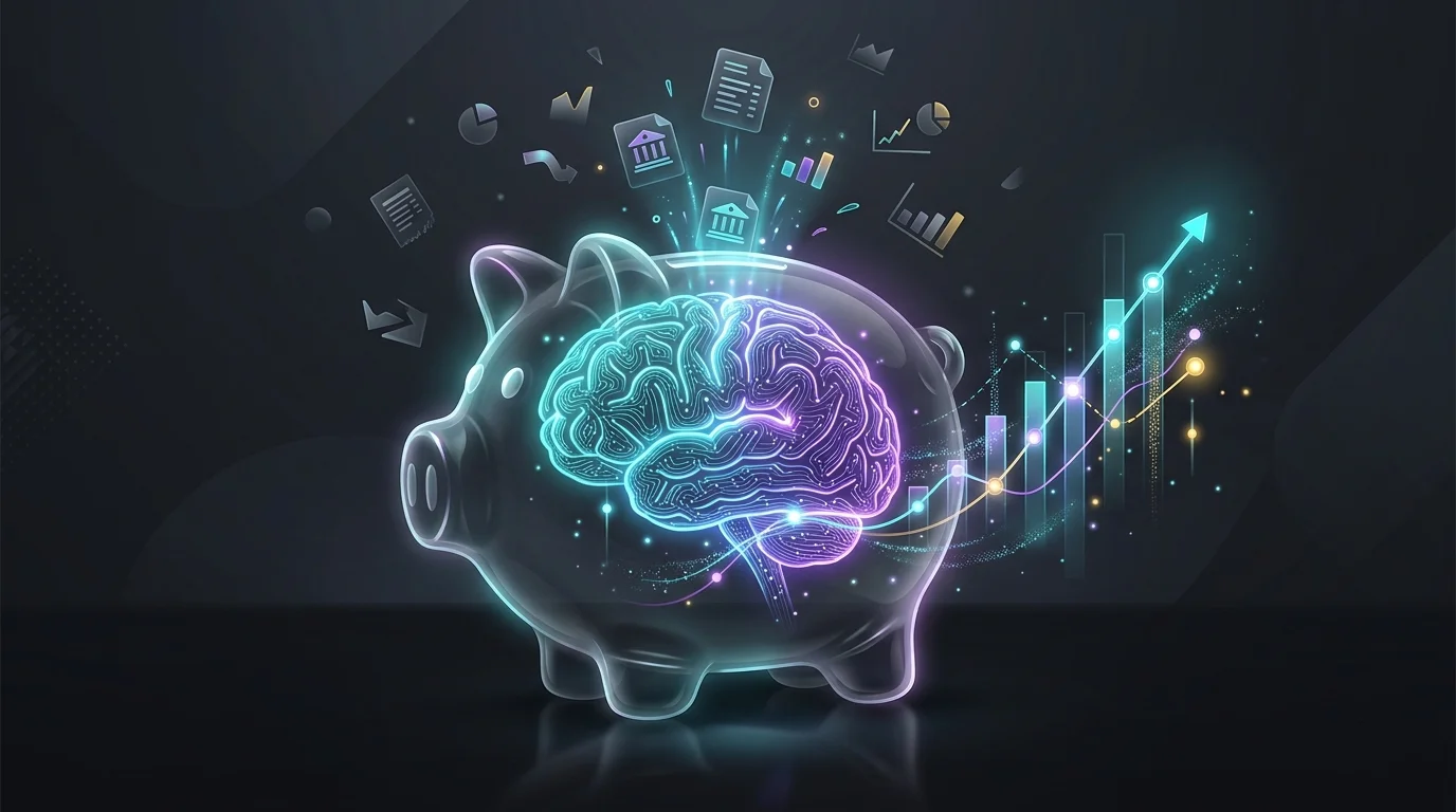 Glowing digital brain inside a piggy bank organizing data into a rising graph for AI-powered financial planning.