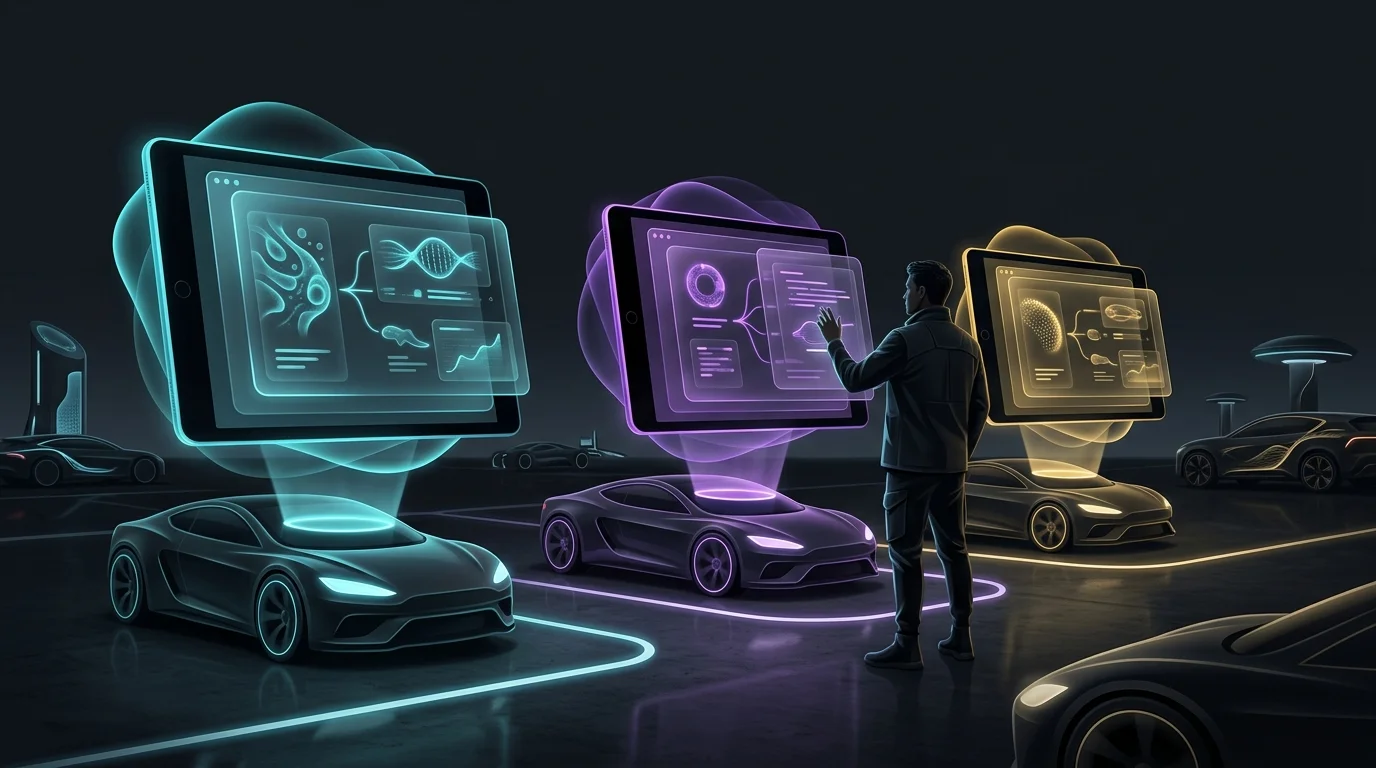 Person comparing AI financial planning tools on digital tablets at a dealership to find the best fit for their budget.