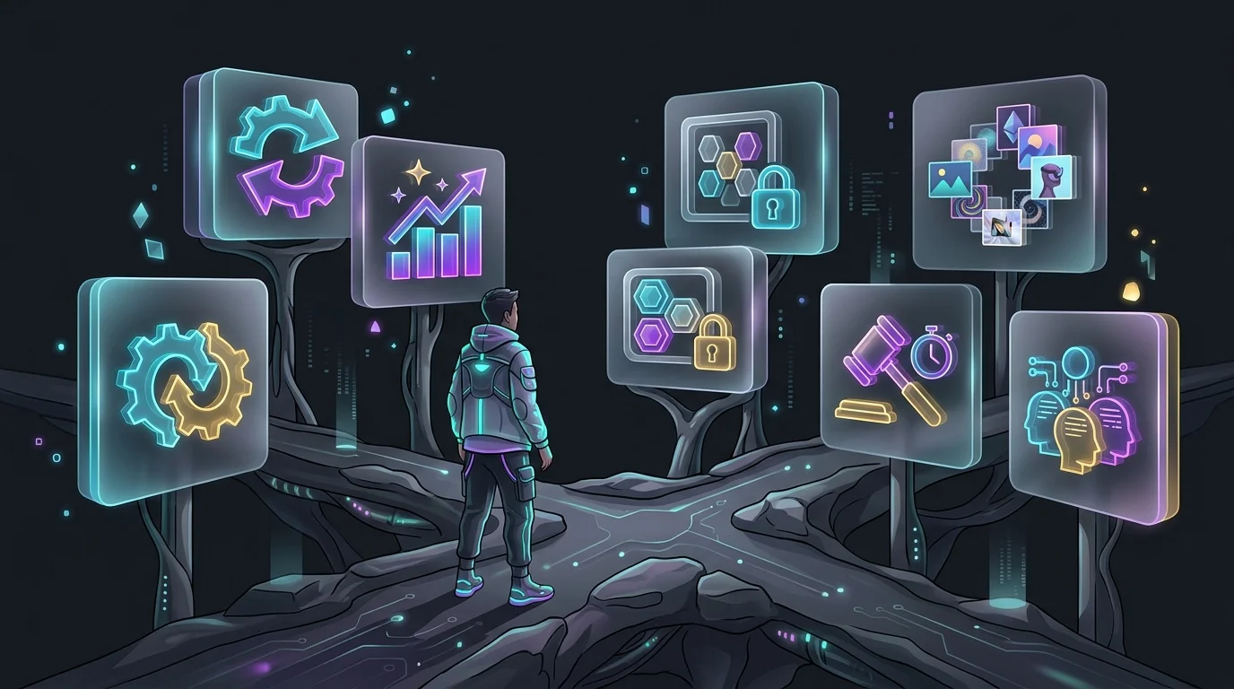 Person at a crossroads comparing signposts for NFT investment platforms and trading features.