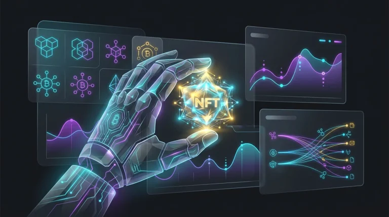 Digital hand selecting a glowing NFT asset on a professional trading platform interface.