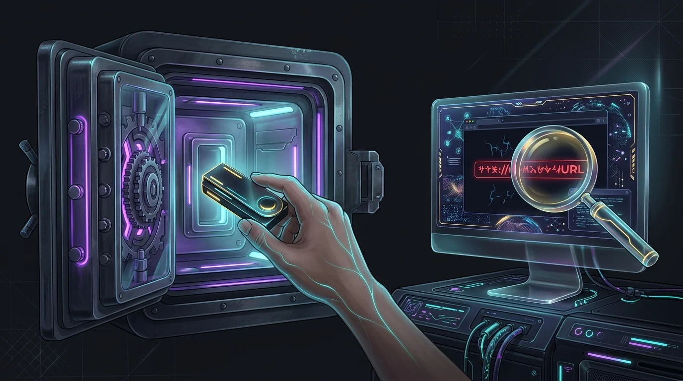 Hardware wallet inside a vault next to a computer screen showing a phishing link for secure NFT trading.