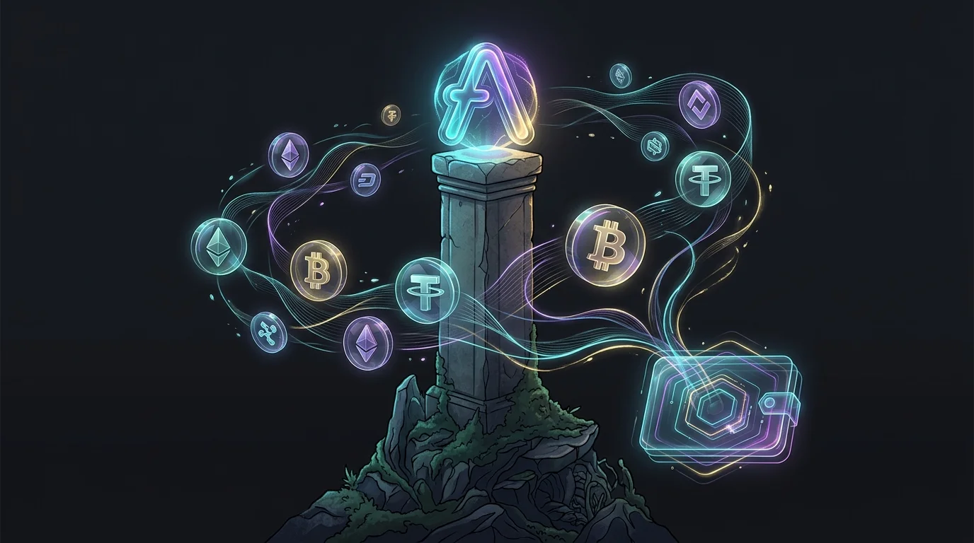 Aave logo on a stone pillar surrounded by crypto assets to represent a leading DeFi lending platform.