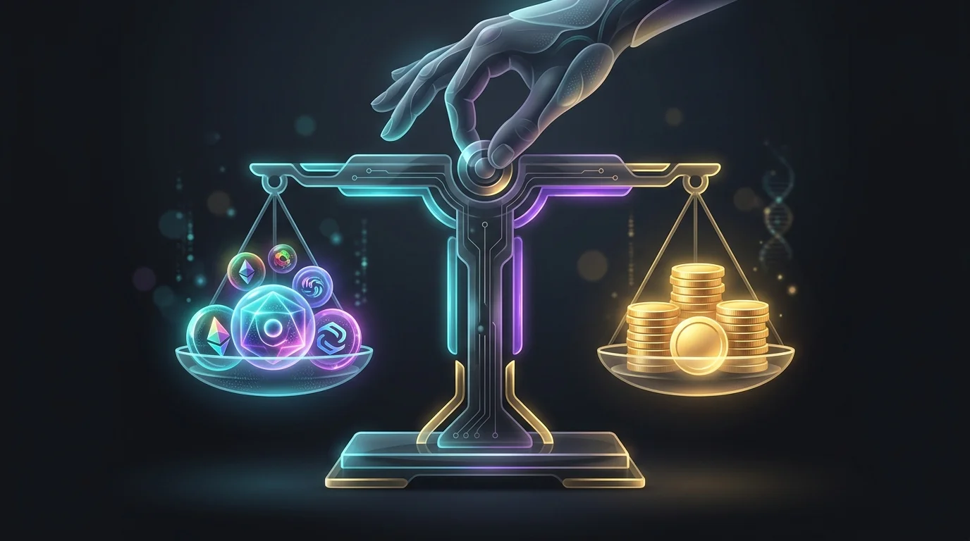 Hand balancing a scale with digital tokens and gold coins to represent flexible DeFi lending pool customization.