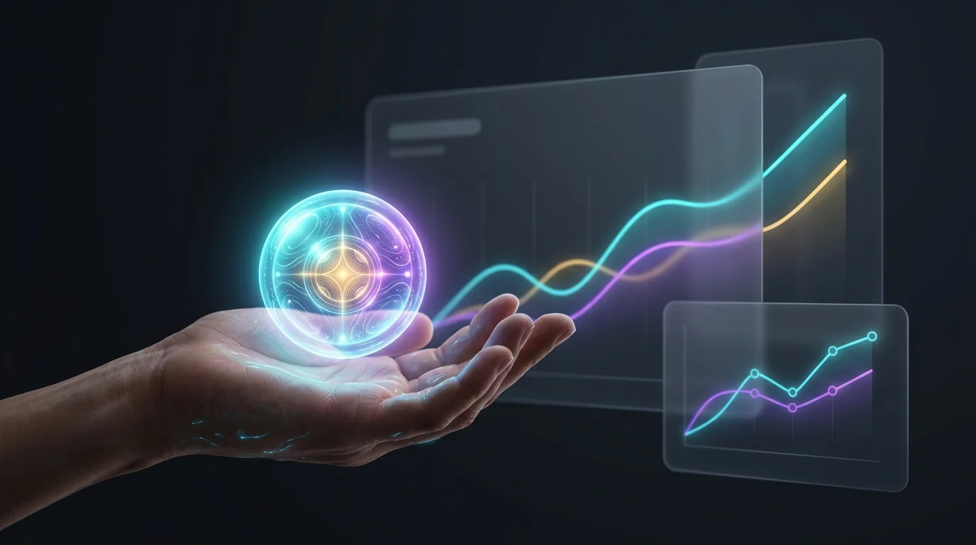 Glowing cToken held in a hand against a Compound interface showing rising DeFi lending interest rate graphs.