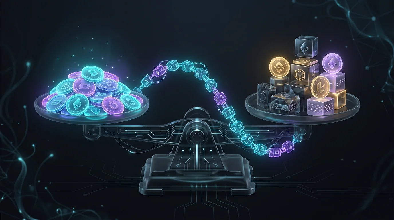 Digital scale balancing crypto coins and collateral connected by a blockchain code chain for DeFi lending.