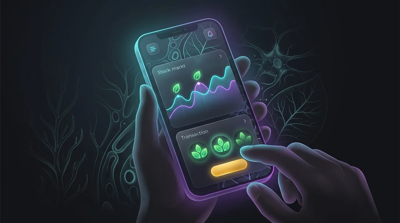 Smartphone app showing green leaf icons and stock charts for purchasing carbon credits on a modern interface.