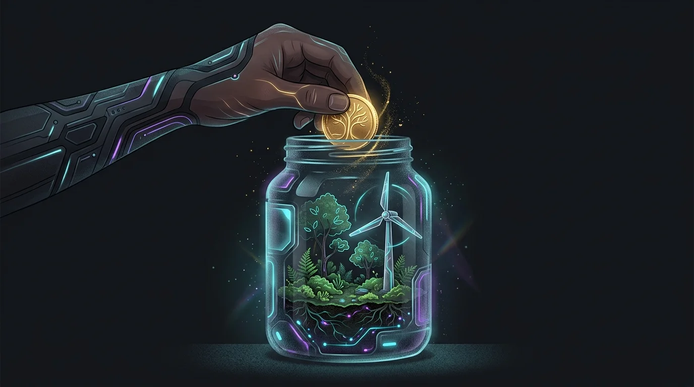 Hand placing a gold coin into a jar with a miniature forest and wind turbine for a carbon credit project investment.