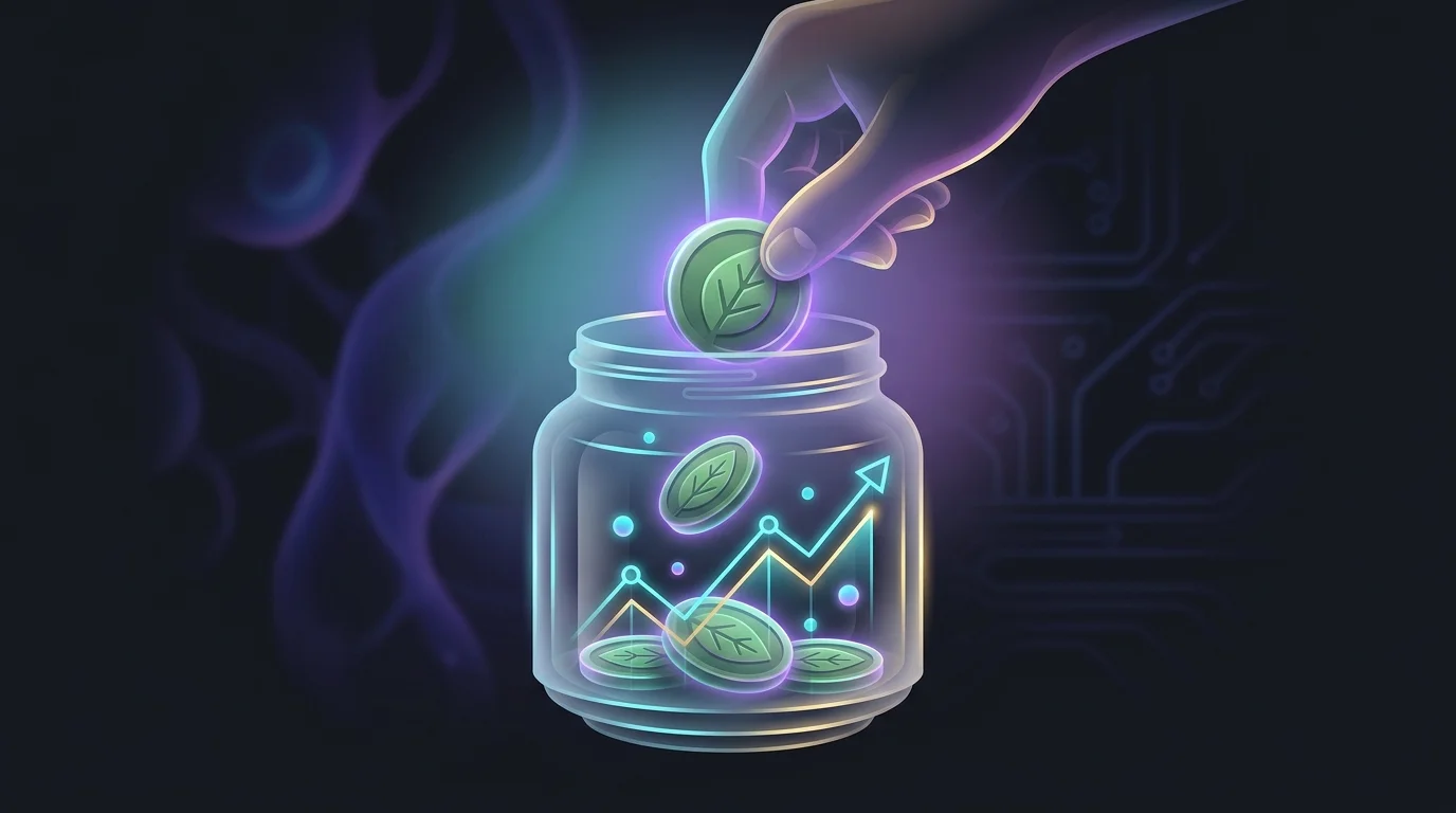 Hand placing a leaf-shaped coin into a glass jar with a stock chart to represent carbon credit ETF growth.