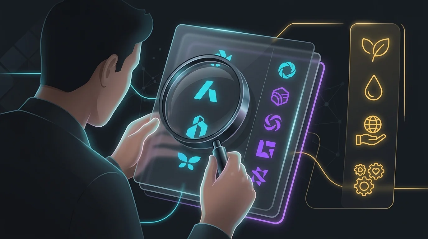 Investor using a magnifying glass to verify company holdings against ESG criteria for sustainable investing.