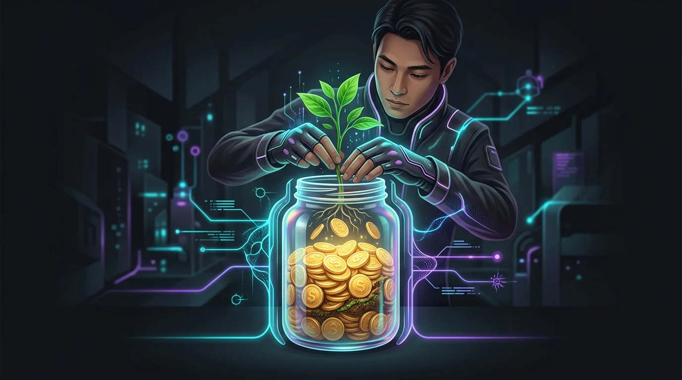 Small green sapling planted in a jar of gold coins representing sustainable ESG fund growth.