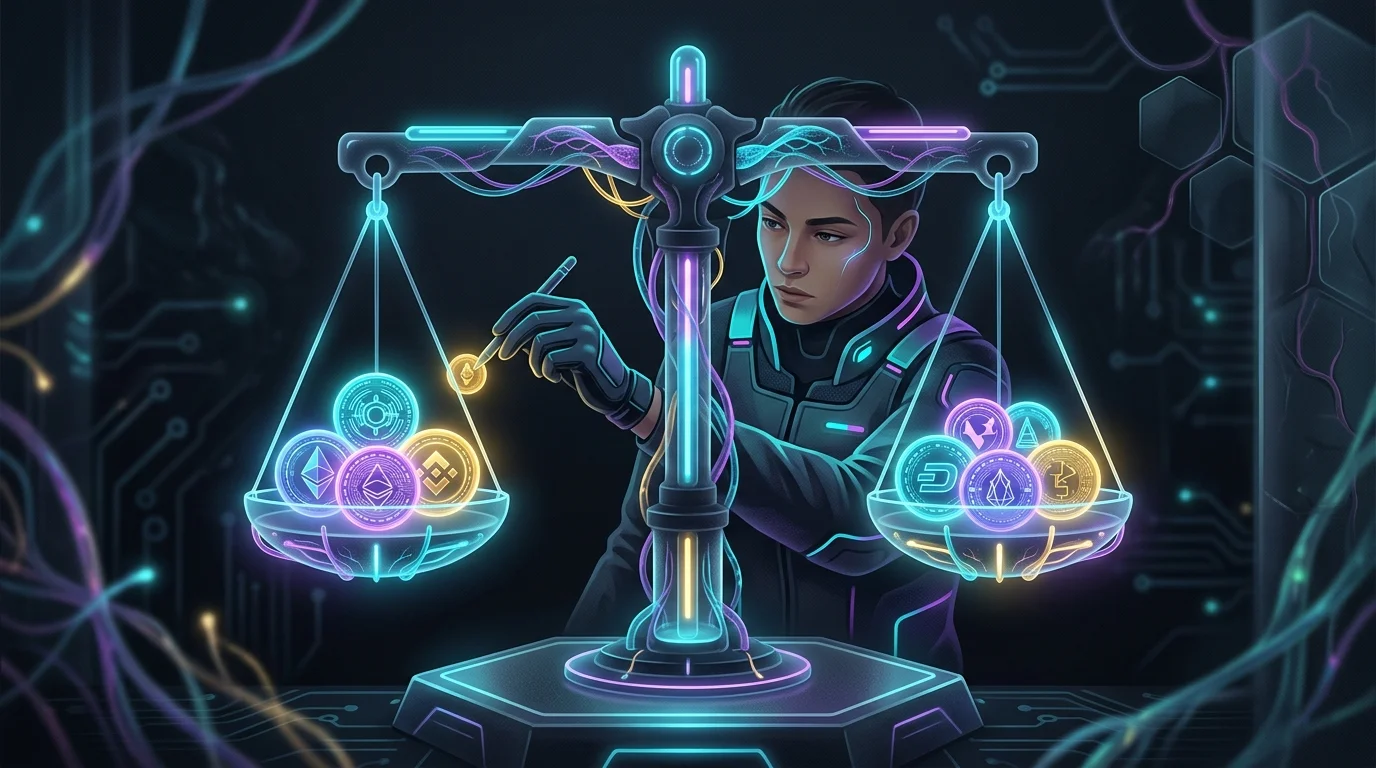 A person balancing glowing digital coins on a scale to illustrate a diversified Web3 investment portfolio strategy.