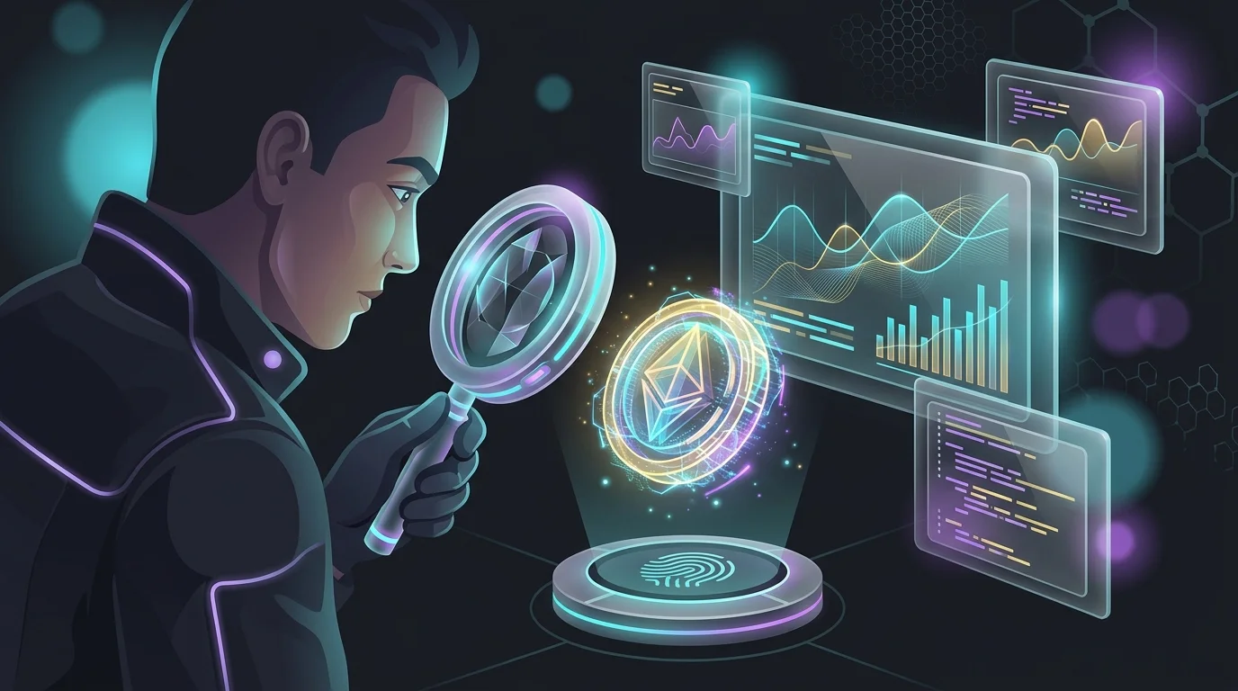 Investor using a magnifying glass to analyze a digital coin and transaction charts for Web3 investment due diligence.