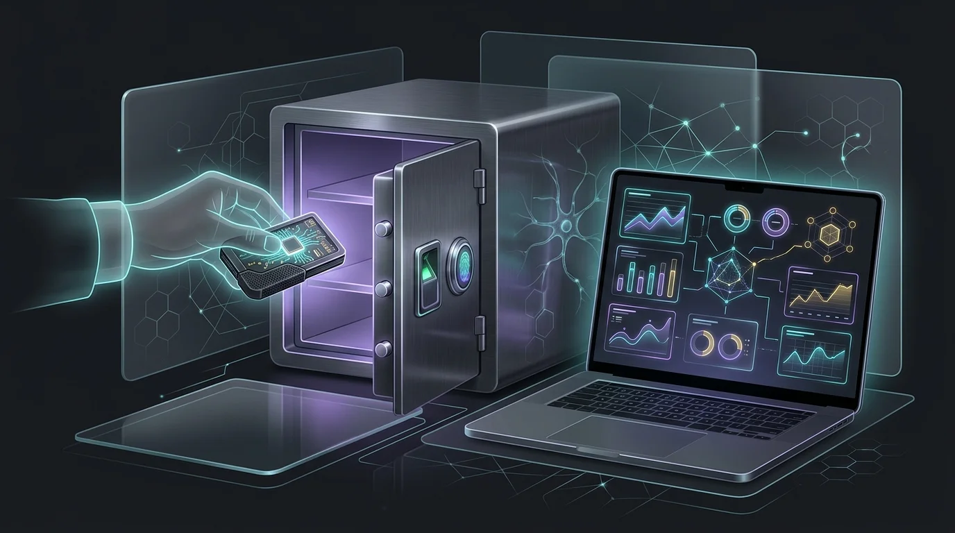 Person securing a hardware wallet in a safe next to a laptop to protect Web3 investments.