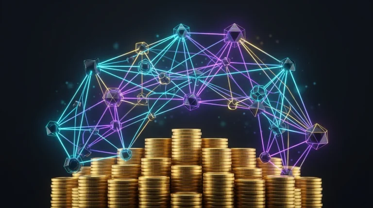 Glowing digital network nodes connected above gold coins representing Web3 infrastructure foundations.