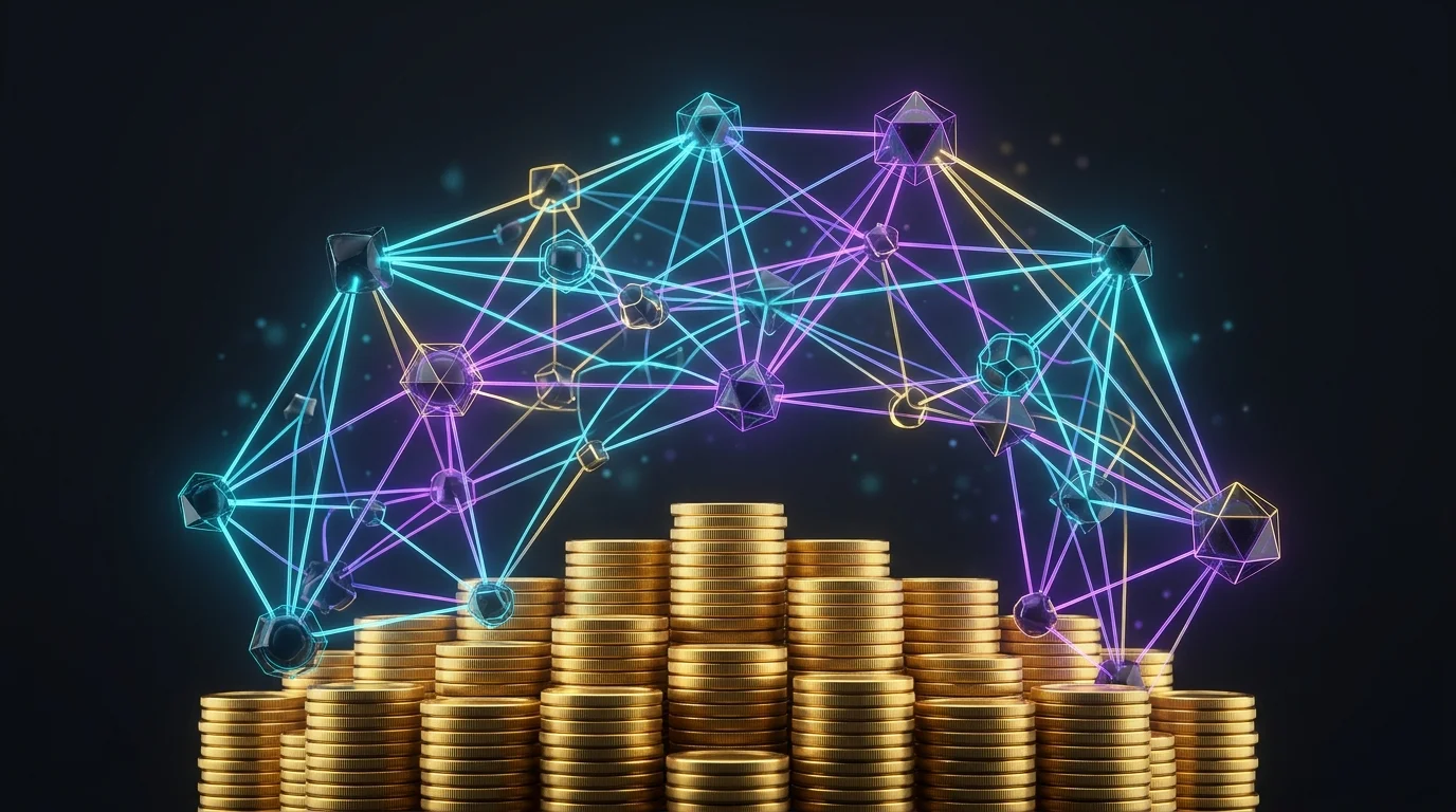 Glowing digital network nodes connected above gold coins representing Web3 infrastructure foundations.