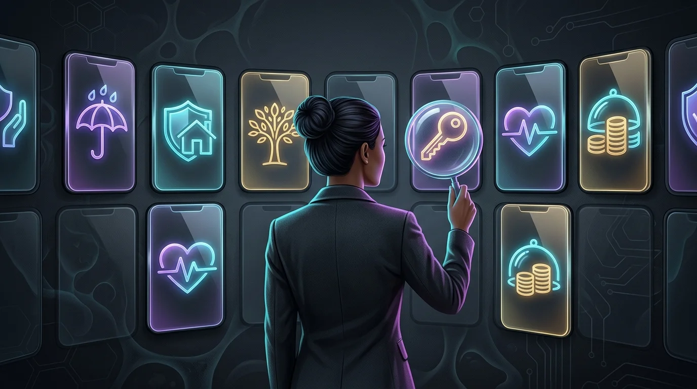 Person using a magnifying glass to compare digital insurance provider apps on glowing smartphone screens.