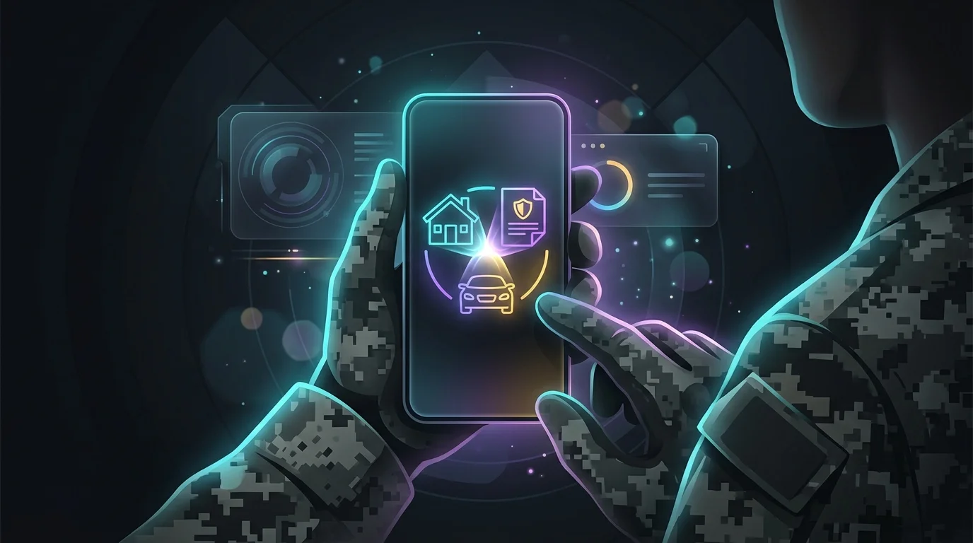 Service member using the USAA app to manage auto, home, and life insurance policies on a smartphone.