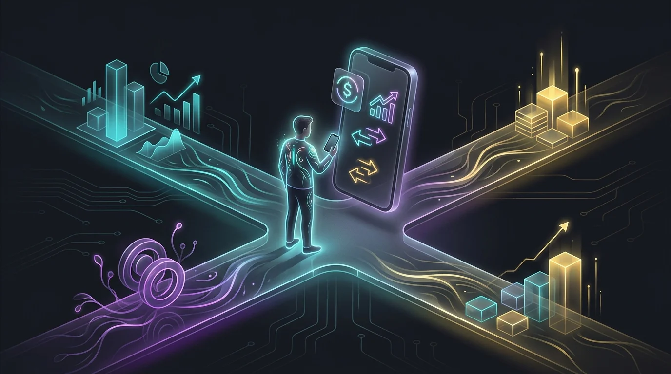Person at a crossroads holding a smartphone to compare fintech banking features and choose the right account.