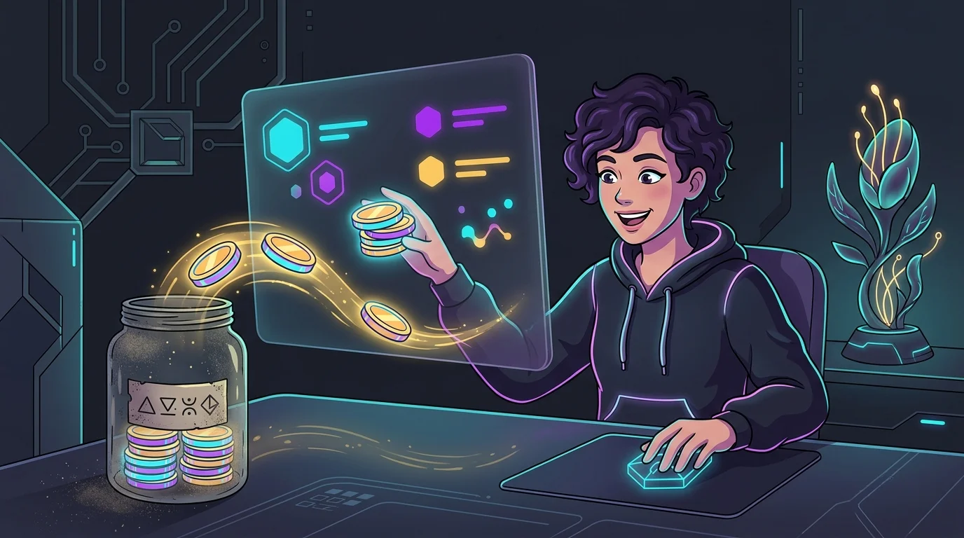 Freelance designer moving savings from a fee-heavy jar to a modern fintech banking app interface.