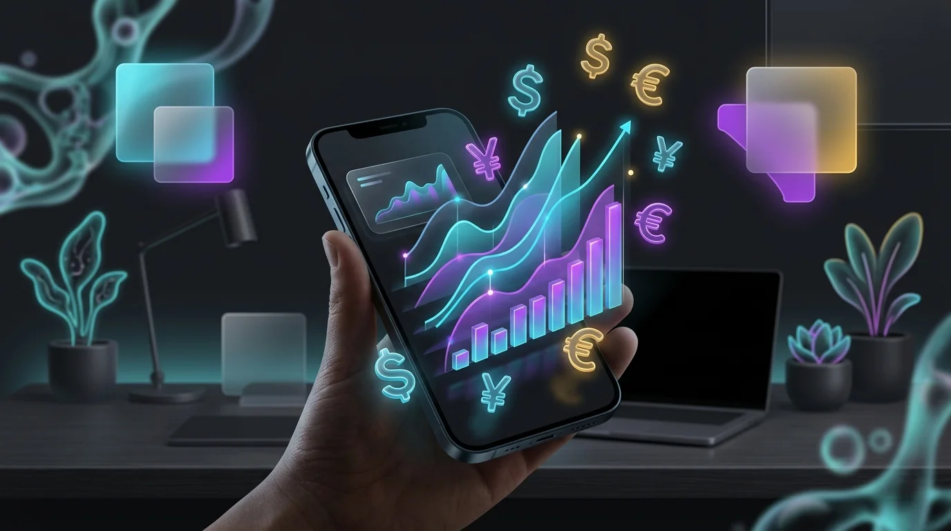 Smartphone showing a fintech banking app interface with rising growth charts and currency icons.