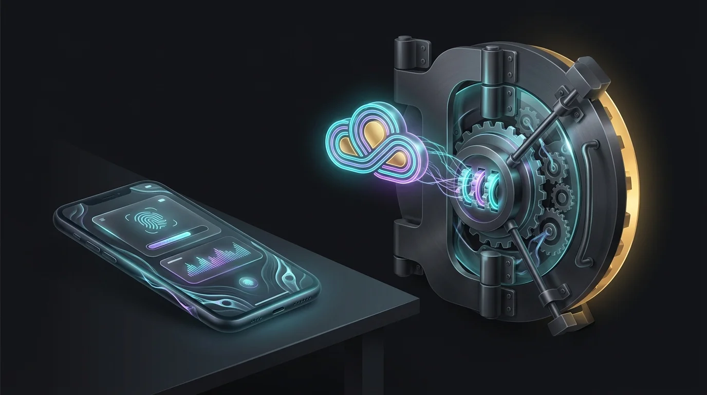 Smartphone displaying a fintech banking app next to a vault door unlocking with cloud technology.