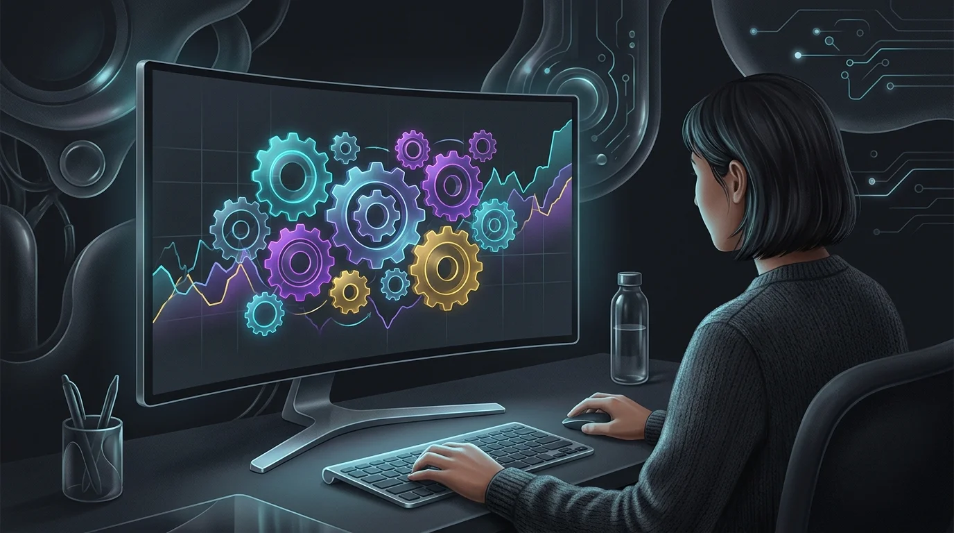 Investor monitoring a stock market chart featuring blockchain technology company network icons instead of crypto.
