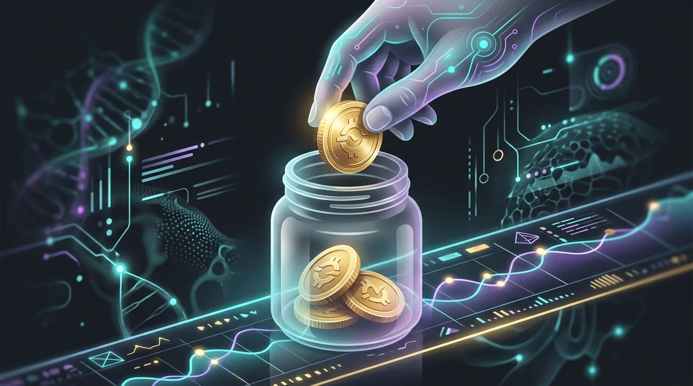 Hand placing a crypto coin into a jar on ticker tape, representing a diversified blockchain investment fund.