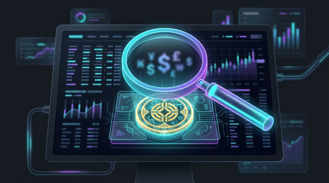 Magnifying glass examining a stock ticker and digital coin to vet a blockchain investment fund.