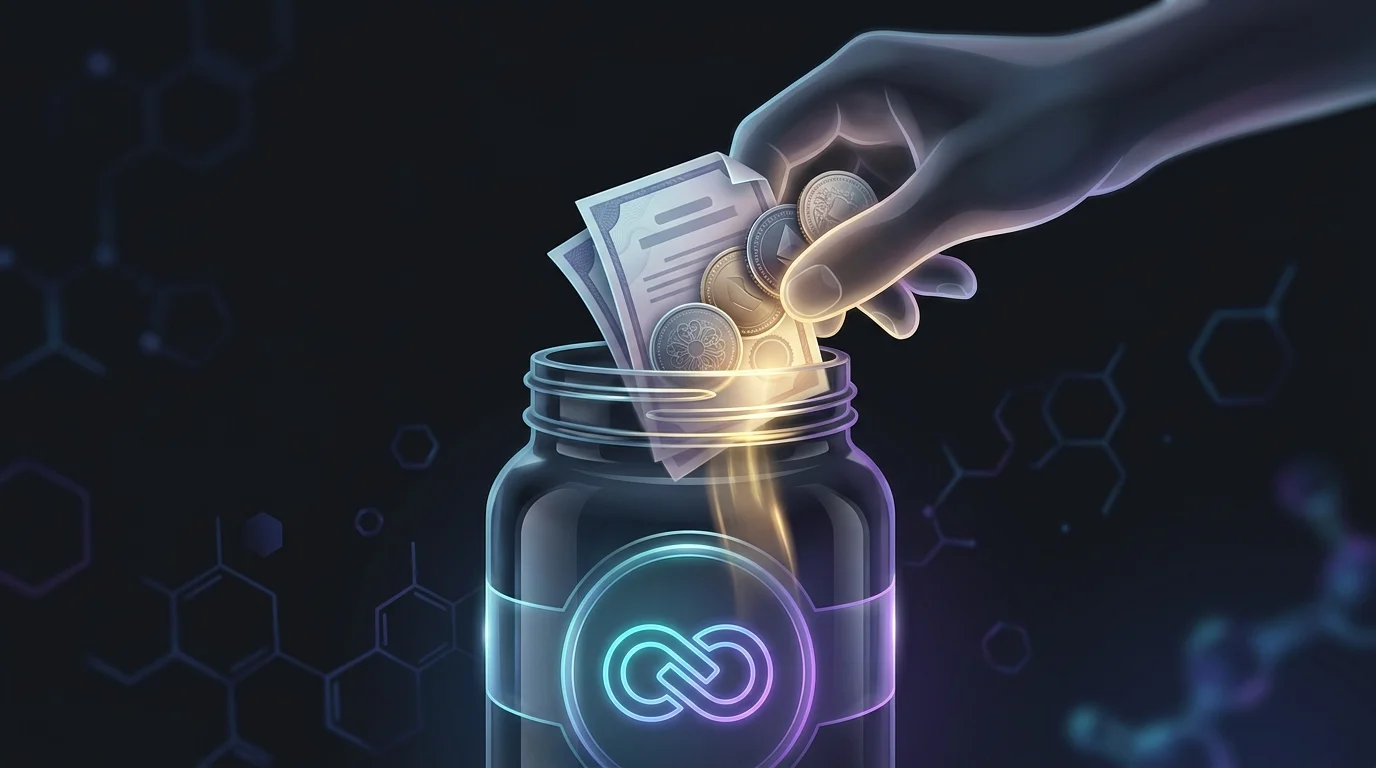 Hand placing digital coins and stock certificates into a jar to represent a diversified blockchain investment fund.
