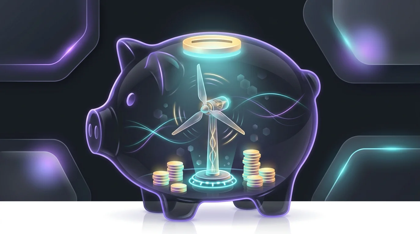 Miniature wind turbine inside a glass piggy bank with gold coins, symbolizing investment in a green energy ETF.
