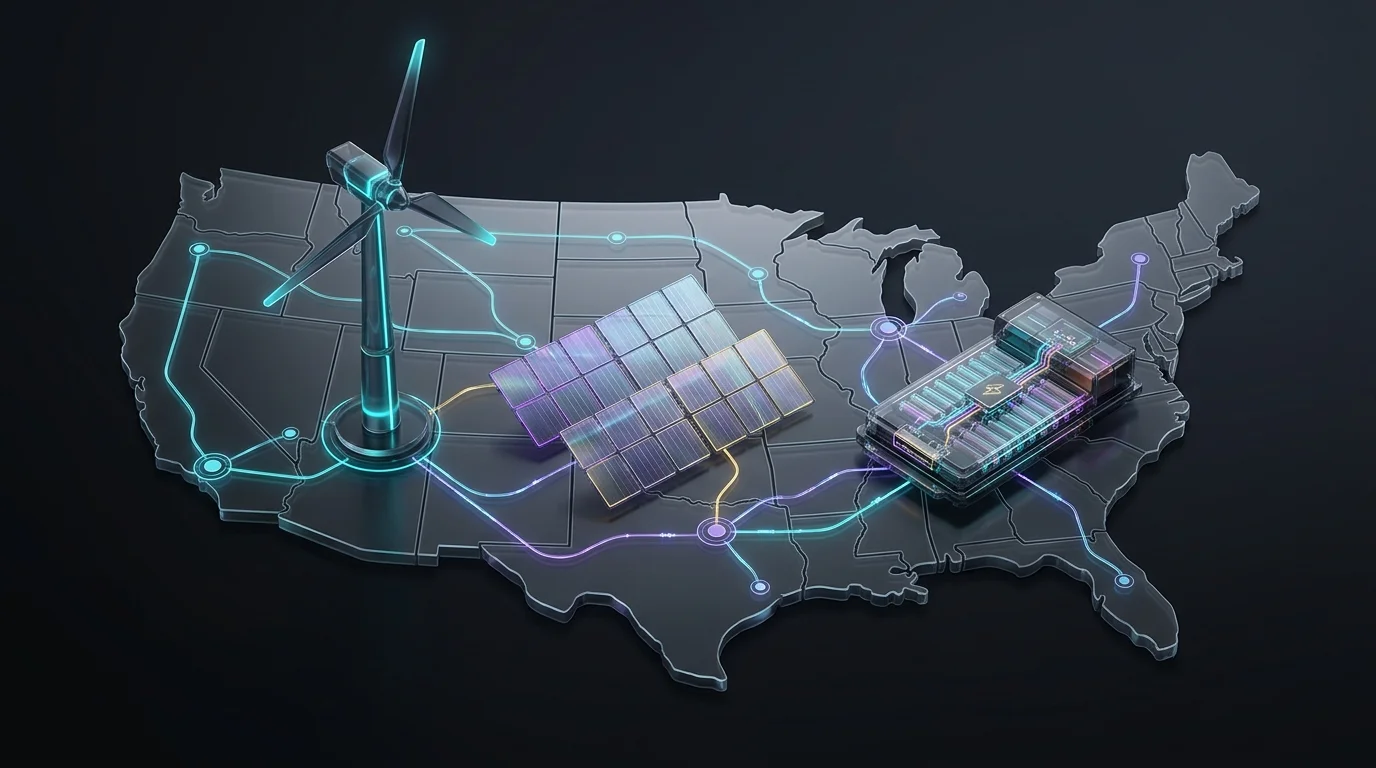 Wind turbine, solar panels, and EV battery pack on a US map representing QCLN green energy ETF holdings.