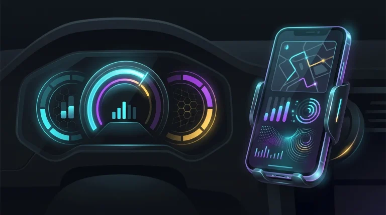 Digital car dashboard and smartphone app tracking mileage data for usage-based insurance costs.