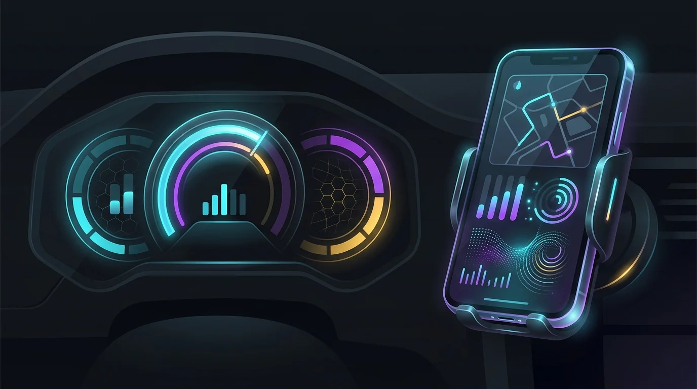 Digital car dashboard and smartphone app tracking mileage data for usage-based insurance costs.