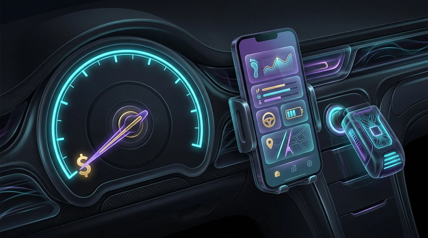 Telematics device and smartphone app showing usage-based car insurance savings on a dashboard.