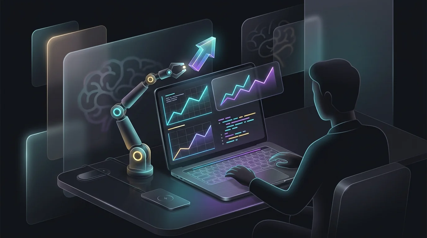 Person coding an AI trading bot on a laptop with stock market charts and a robotic arm indicating upward growth.