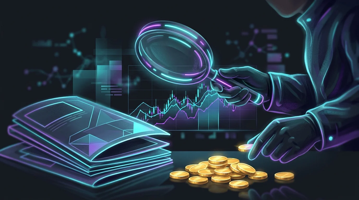 Magnifying glass inspecting a stock chart to separate real AI trading algorithm data from misleading marketing hype.