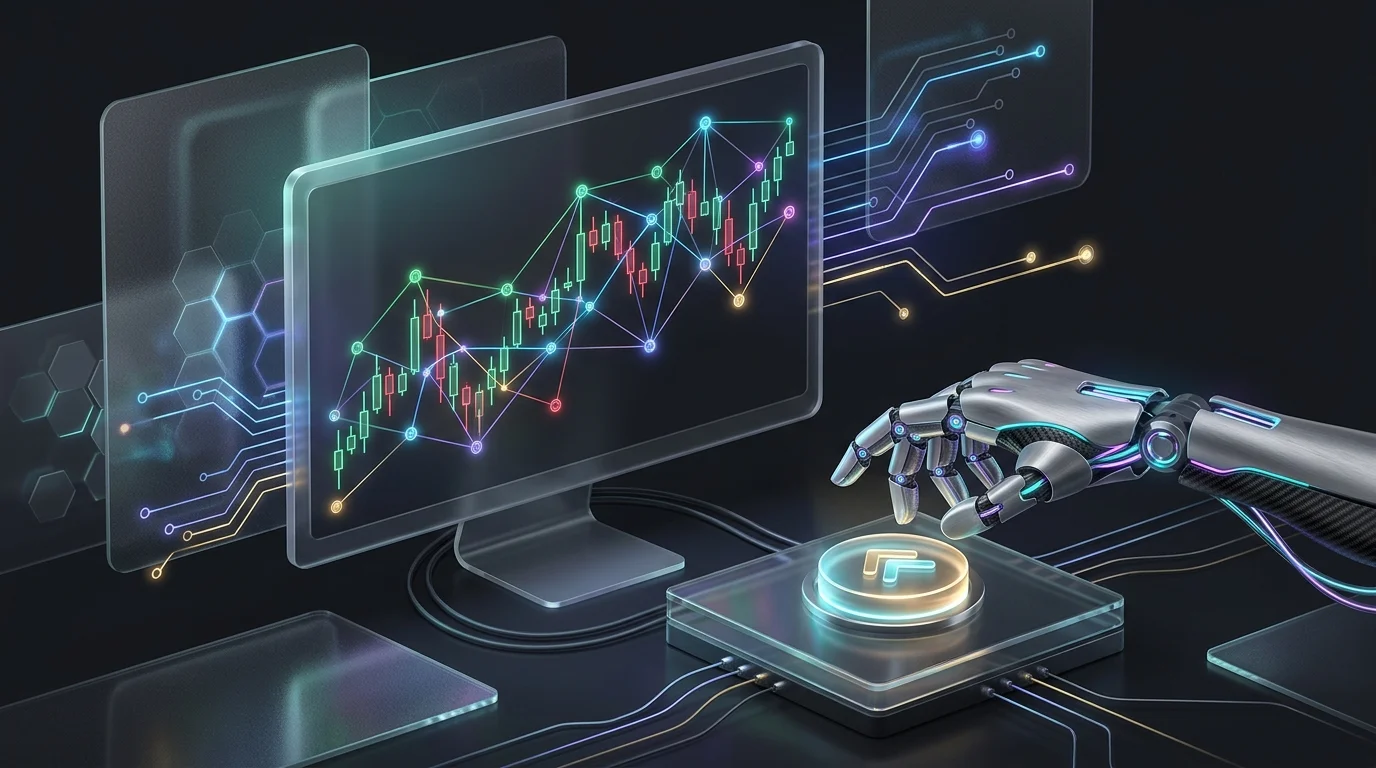 Robotic hand hovering over a buy button on a digital stock market chart within an AI trading platform.
